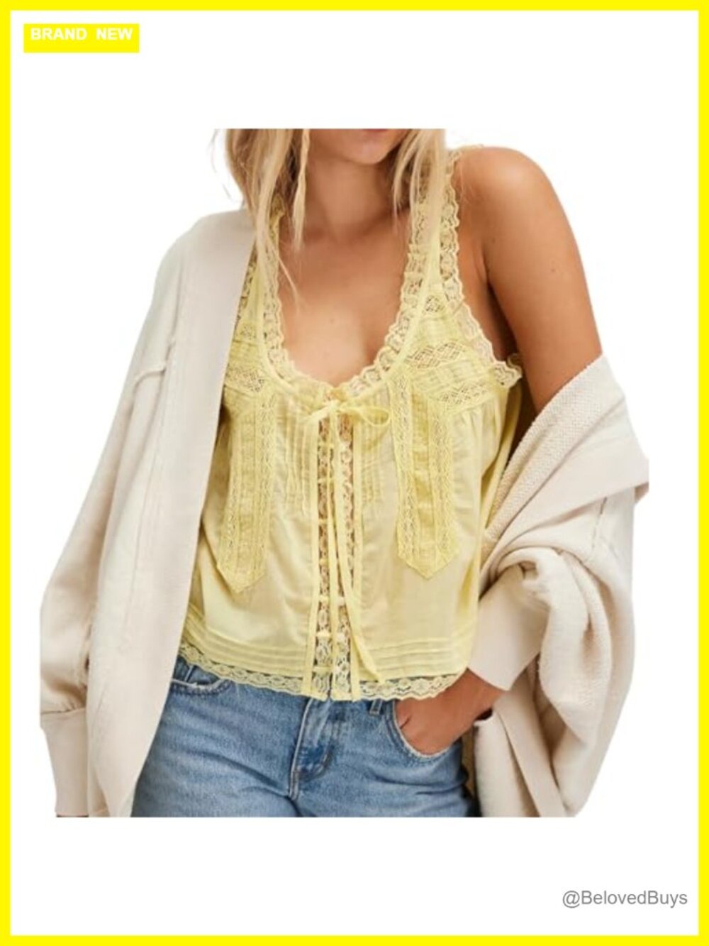 Sleeveless Ruffled Lace Trim Chiffon Crop Top Scoop Neck Button Down Front Tie